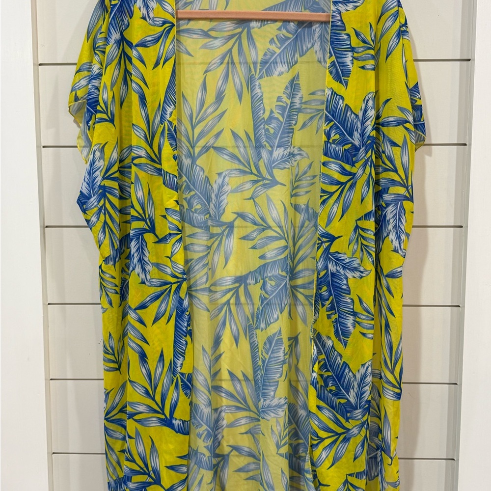 Yellow and Blue Leaf Print Kimono Coverup